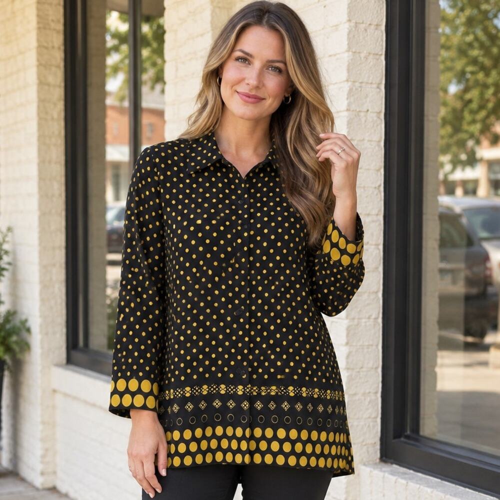 Ali Miles Black + Mustard Mixed Print Button Front Tunic Blouse Large